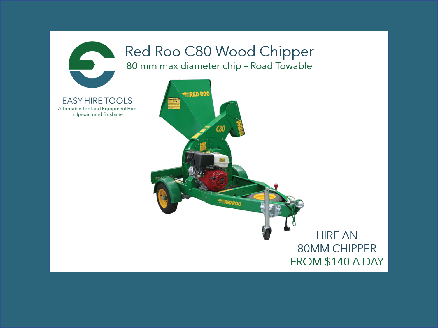 Hire 80mm Wood Chipper - Red Roo C80 - Road Towable